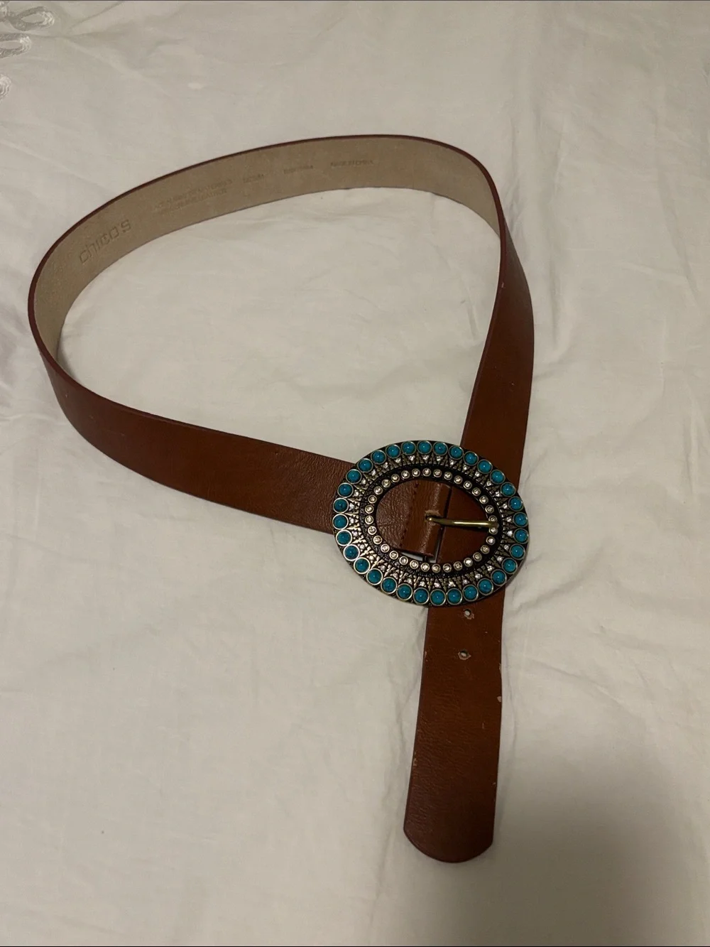 Chico’s Belt brown leather size medium aqua & diamond like jeweled buckle